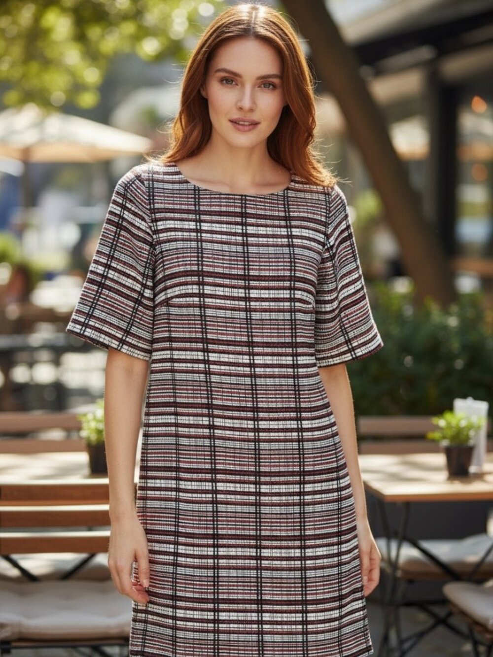 Lesley Evers Red Black Tweed Plaid Shift Dress Short Sleeve Size M Career